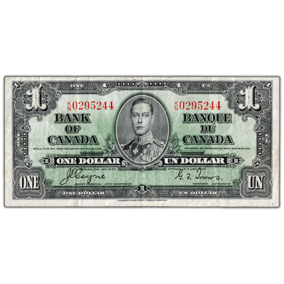 $1 1937 Bank of Canada Note Coyne-Towers K/N Prefix BC-21d - VF (tear)