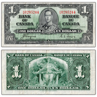 $1 1937 Bank of Canada Note Coyne-Towers K/N Prefix BC-21d - VF (tear)