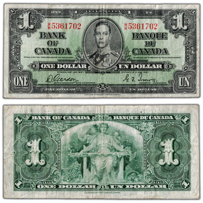 $1 1937 Bank of Canada Note Gordon-Towers M/M Prefix BC-21c - Fine