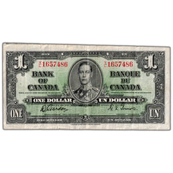 $1 1937 Bank of Canada Note Y/L Prefix BC-21c - Light Cutting Error