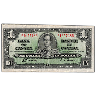 $1 1937 Bank of Canada Note Y/L Prefix BC-21c - Light Cutting Error