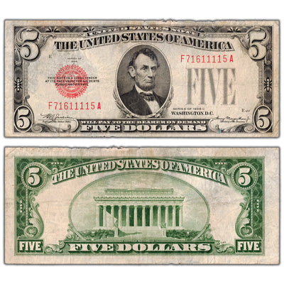 SOLD United States 1928 $5 Note Red Seal Fr. 1528 - Circulated