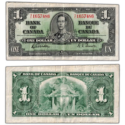 $1 1937 Bank of Canada Note Y/L Prefix BC-21c - Light Cutting Error
