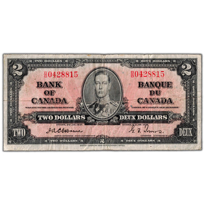 $2 1937 Bank of Canada Note Osborne Signature B/B Prefix BC-22a - Fine