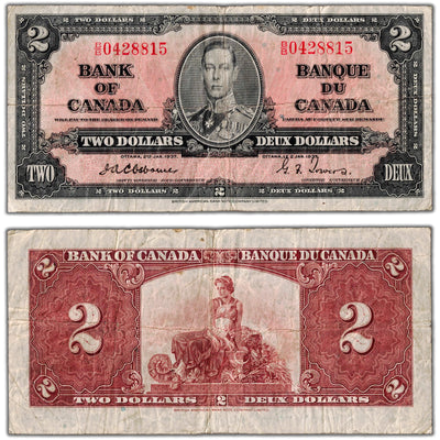 $2 1937 Bank of Canada Note Osborne Signature B/B Prefix BC-22a - Fine