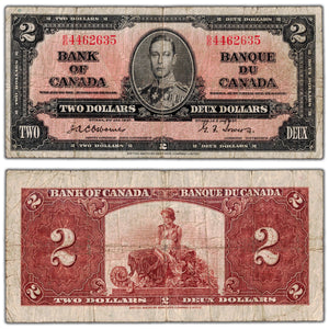 $2 1937 Bank of Canada Note Osborne Signature B/B Prefix BC-22a - VG/F