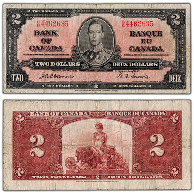 $2 1937 Bank of Canada Note Osborne Signature B/B Prefix BC-22a - VG/F