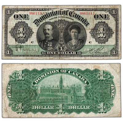 SOLD $1 1911 Dominion of Canada Note Boville Green Line Series J DC-18c - VG/F