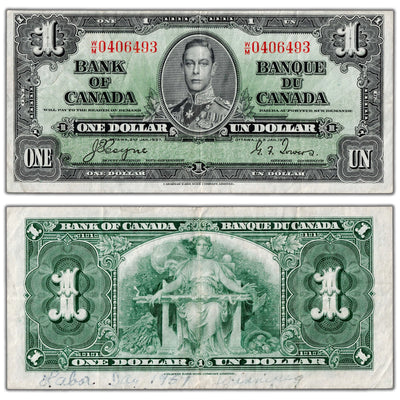 $1 1937 Bank of Canada Note Coyne-Towers W/M Prefix BC-21c - VF (writing)