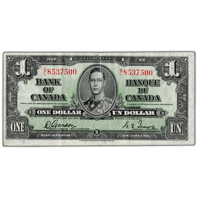 $1 1937 Bank of Canada Note Gordon-Towers S/L Prefix BC-21c - F/VF