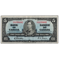 $5 1937 Bank of Canada Note Gordon-Towers E/C Prefix BC-23b - VF