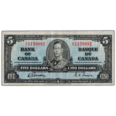 $5 1937 Bank of Canada Note Gordon-Towers E/C Prefix BC-23b - VF