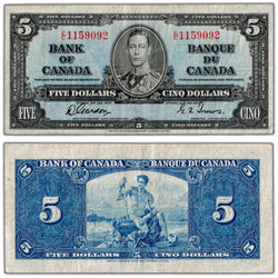 $5 1937 Bank of Canada Note Gordon-Towers E/C Prefix BC-23b - VF