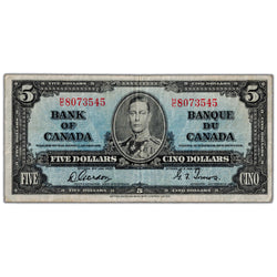 SOLD $5 1937 Bank of Canada Note Gordon-Towers H/C Prefix BC-23b - F/VF
