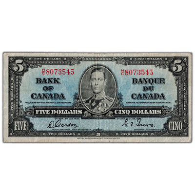 SOLD $5 1937 Bank of Canada Note Gordon-Towers H/C Prefix BC-23b - F/VF