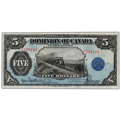 $5 1912 Dominion of Canada Note No Seal Series C DC-21g - VF/EF