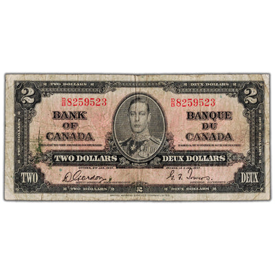 $2 1937 Bank of Canada Note Gordon-Towers D/B Prefix BC-22b - VG