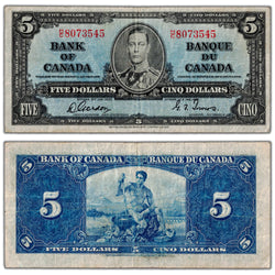 SOLD $5 1937 Bank of Canada Note Gordon-Towers H/C Prefix BC-23b - F/VF