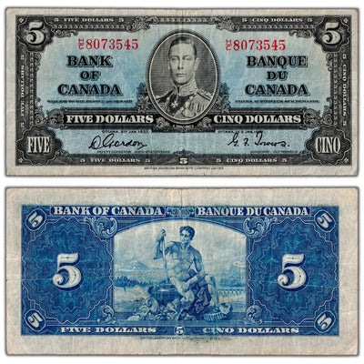 SOLD $5 1937 Bank of Canada Note Gordon-Towers H/C Prefix BC-23b - F/VF