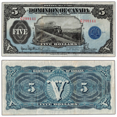 $5 1912 Dominion of Canada Note No Seal Series C DC-21g - VF/EF