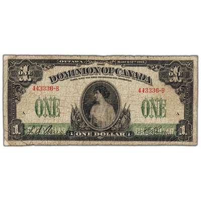 $1 1917 Dominion of Canada Note Boville No Seal Series B DC-23a - VG