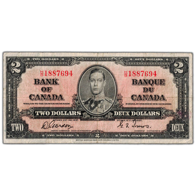$2 1937 Bank of Canada Note Gordon-Towers H/B Prefix BC-22b - Fine (minor pinholes)
