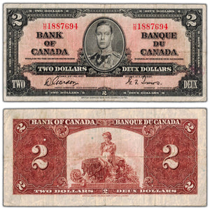 $2 1937 Bank of Canada Note Gordon-Towers H/B Prefix BC-22b - Fine (minor pinholes)