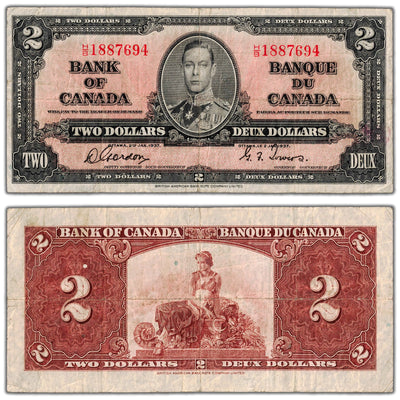 $2 1937 Bank of Canada Note Gordon-Towers H/B Prefix BC-22b - Fine (minor pinholes)
