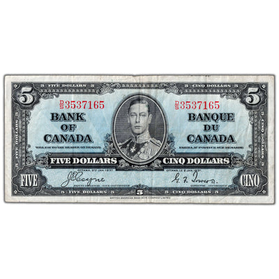 $5 1937 Bank of Canada Note Coyne-Towers D/S Prefix BC-23c - VF (minor tear)