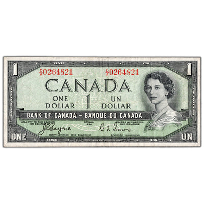 $1 1954 Bank of Canada Note Devil Face D/A Prefix BC-29a - VF