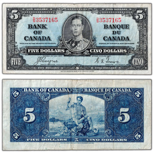 $5 1937 Bank of Canada Note Coyne-Towers D/S Prefix BC-23c - VF (minor tear)