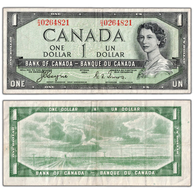 $1 1954 Bank of Canada Note Devil Face D/A Prefix BC-29a - VF