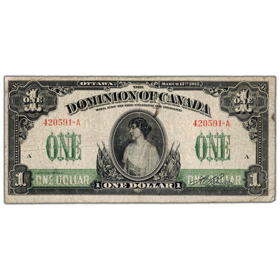 $1 1917 Dominion of Canada Note Boville No Seal Series A DC-23a - Fine
