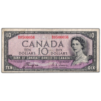 SOLD $10 1954 Bank of Canada Note Devil Face B/D Prefix BC-32a - Fine
