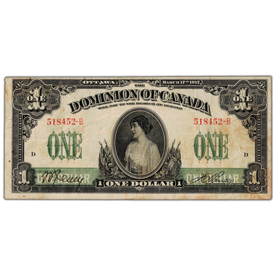 $1 1917 Dominion of Canada Note Boville No Seal Series B DC-23a - VF/EF Toned