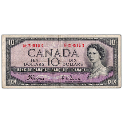 $10 1954 Bank of Canada Note Devil Face C/D Prefix BC-32a - F/VF