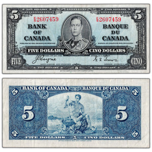 $5 1937 Bank of Canada Note Coyne-Towers E/S Prefix BC-23c - VF
