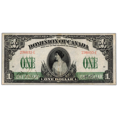 $1 1917 Dominion of Canada Note Boville No Seal Series E DC-23a - VF+