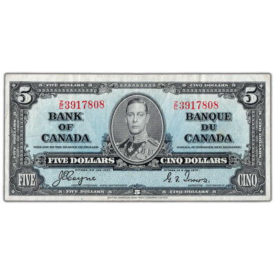 $5 1937 Bank of Canada Note Coyne-Towers Z/C Prefix BC-23c - VF/EF