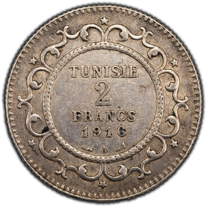 SOLD Tunisia AH 1335 (1916) 2 Francs Silver Coin