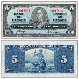 $5 1937 Bank of Canada Note Coyne-Towers Z/C Prefix BC-23c - VF/EF