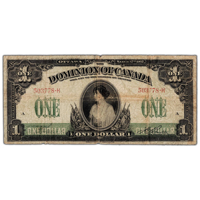 $1 1917 Dominion of Canada Note Boville No Seal Series H DC-23a-i - VG/F