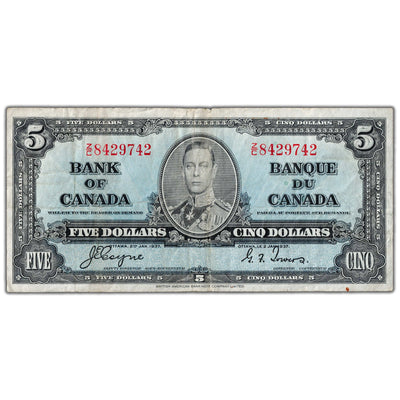$5 1937 Bank of Canada Note Coyne-Towers Z/C Prefix BC-23c - Fine
