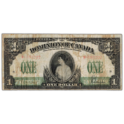 $1 1917 Dominion of Canada Note Saunders No Seal Series W DC-23b - Fine (soiling)