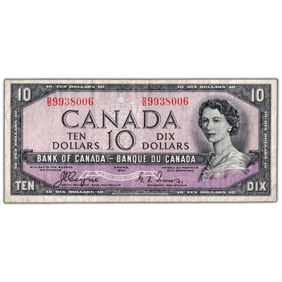 $10 1954 Bank of Canada Note Devil Face D/D Prefix BC-32a - F/VF