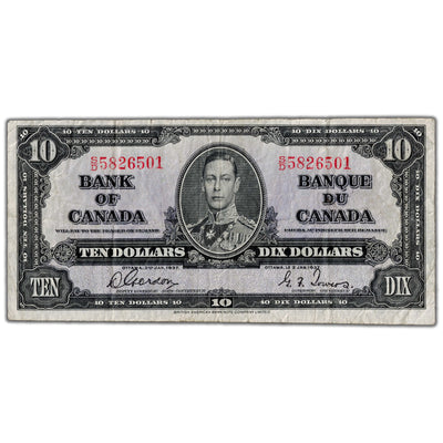 $10 1937 Bank of Canada Note Gordon-Towers S/D Prefix BC-24b - Fine