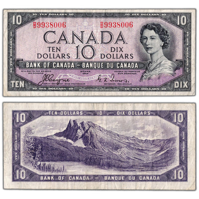 $10 1954 Bank of Canada Note Devil Face D/D Prefix BC-32a - F/VF