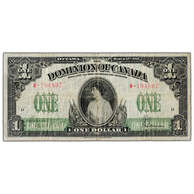 $1 1917 Dominion of Canada Note Saunders No Seal Series W DC-23b - F/VF