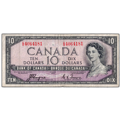 SOLD $10 1954 Bank of Canada Note Devil Face C/D Prefix BC-32a - F/VF (staple hole)