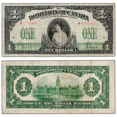 $1 1917 Dominion of Canada Note Saunders No Seal Series W DC-23b - F/VF